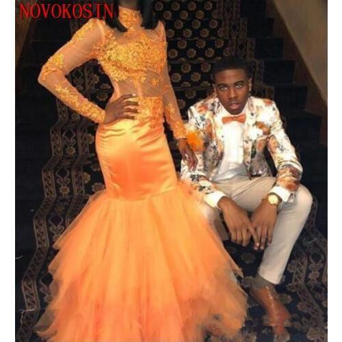 Unique Mermaid Satin Muslim Prom Dresses Long 2019 High Neck Long Sleeve Gold Applique Evening Dresses