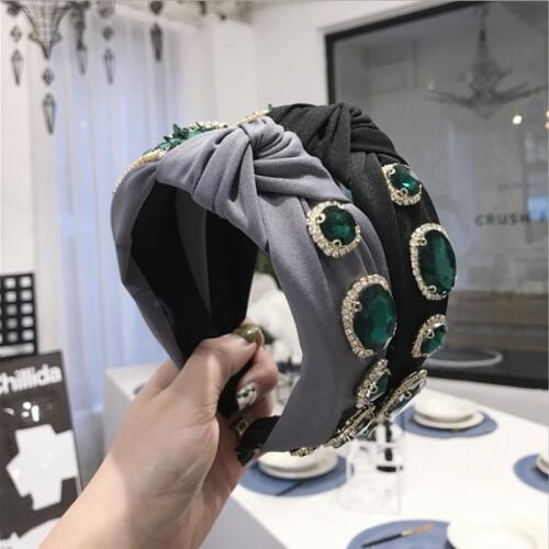 High-end Hair Accessories Womens Retro Emerald Emerald Knitted Knotted Wide Hairbands Headband Gorgeous Flash Diamond Hair band
