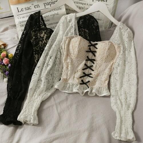 New Fashion Vintage Gothic Lace Blouse Shirt 2021 New Spring Summer Bow Design Ruffle Blouse Ladies Crop Tops