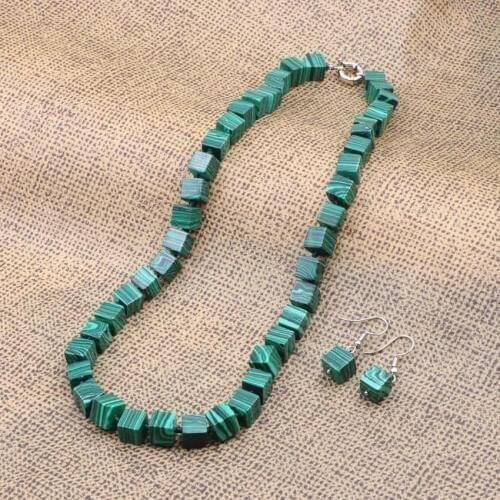 Fashion Necklace Earrings Jewelry Set 8mm Cube Malachite Turquoises Stone Beads Short Chain Dangle Statement Women Sets 18" A947