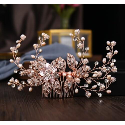 Rose gold Wedding Bridal Hair Jewelry For Party Women Handmade Tiara Headpiece Pearls Crystal Hair Combs Hairbands