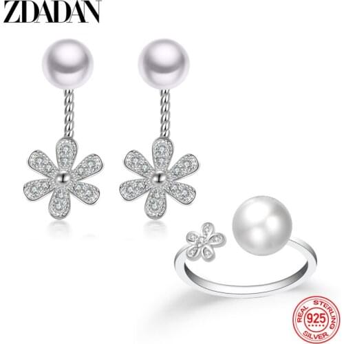 ZDADAN 925 Sterling Silver Pearl Zircon Jewelry Set For Women Wedding Party Earrings Ring Gift