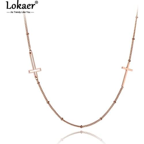 Lokaer Trendy Titanium Stainless Steel Double Cross Choker Necklaces For Women Girl Rose Gold Chain Link Pendant Necklace N19173