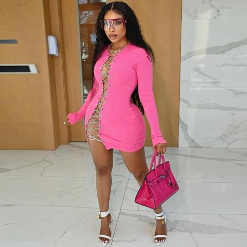 Metal Chain Lace Up Hollow Out Skinny Dress for Women Full Sleeve Body-shaping Pencil Dress Autumn Birthday Party Club Dresses