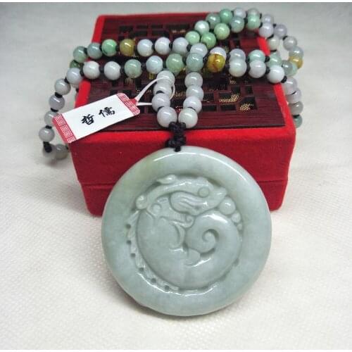 Zheru Jewelry Pure Natural Jadeite Light Green Dragon Pendant Tricolor Jadeite Bead Necklace A Class A National Certificate