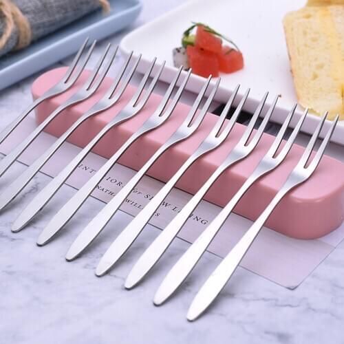 10Pcs Stainless Steel Fruit Fork Mini Two-tine Snack Cake Dessert Forks Tableware Environmentally Friendly for Kitchen Tools