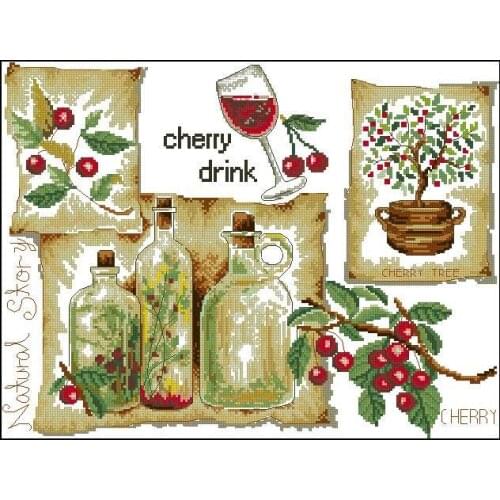 100% Egypt cotton Beautiful Counted Cross Stitch Kit Cherry Drink Beer Wine Tree Natural Story dome