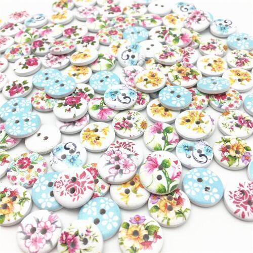 100pcs Flowers Florals Printed Wood Buttons 15mm 2 Holes Round DIY Button Embellishment Scrapbooking Cardmaking