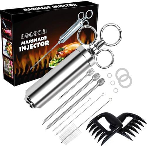 Premium BBQ Accessories-Meat Injector Kit with Oil Bottle Brush&3 Marinade Needles,3 Cleaning Brushes plus 1 Meat Shredder Claws
