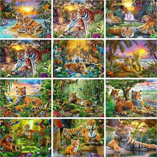 Huacan Full Square/round Diamond Painting Tiger Forest 5d Diy Diamond Mosaic Embroidery Sunset Animal Home Decor