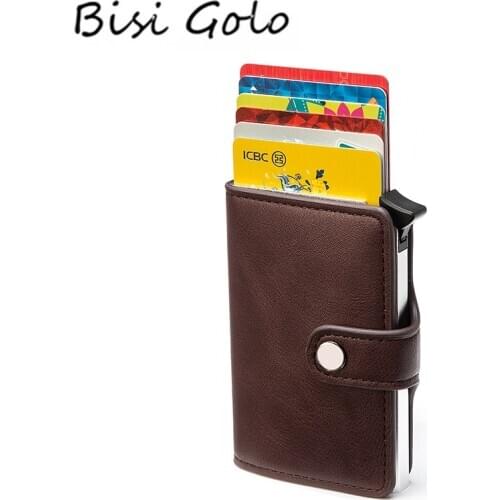 BISI GORO Hasp Protector Smart Wallet Card Case Metal RFID Aluminum Box Slim Men and Women PU Leather Casual Card Holder
