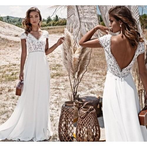 Bohemian Wedding Dress Vintage Lace Boho 2021 A-Line Simple Beach Chiffon Floor Length Gowns V Neck Bride Dress Свадебное платье