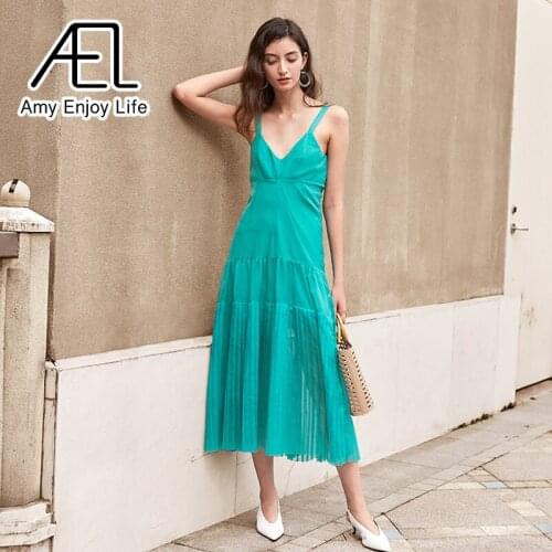 AEL A-Line Long Pleated Dress Chiffon Green Causal Streetwear Sexy V-Neck Camisole Dresses