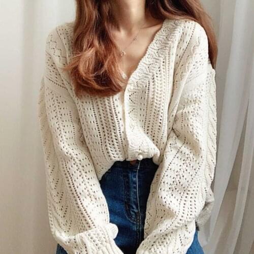 DTSTARZG Sexy Hollow Out Knitted Sweater Cardigan Women Spring Autumn Korean School Long Sleeve Jacket Female Knitwear Clothes