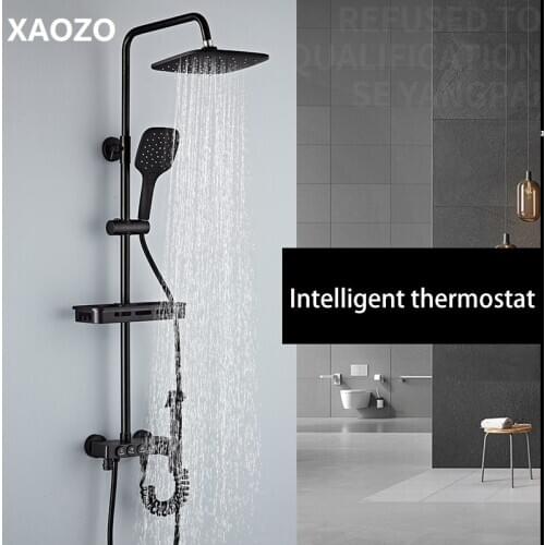 Bathroom Shower Sets Black Matte blacked intelligent thermostat Rain Head Bath Shower Mixer with Hand Shower Faucet Rainfall