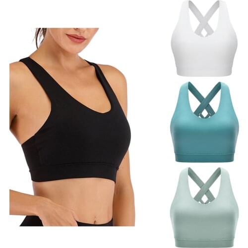 Breathable Nylon Ladies Sports Underwear Ladies Simple Style Solid Color Back Cross Lace Seamless Bra Fitness Yoga Camisole