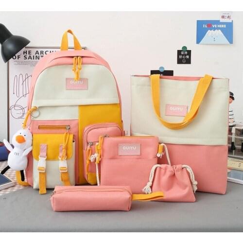 5Pcs/set Canvas Backpacks Women School Bags for Teenage Girls High Quality Bookbags Students Travel Backpacks Female Rucksack