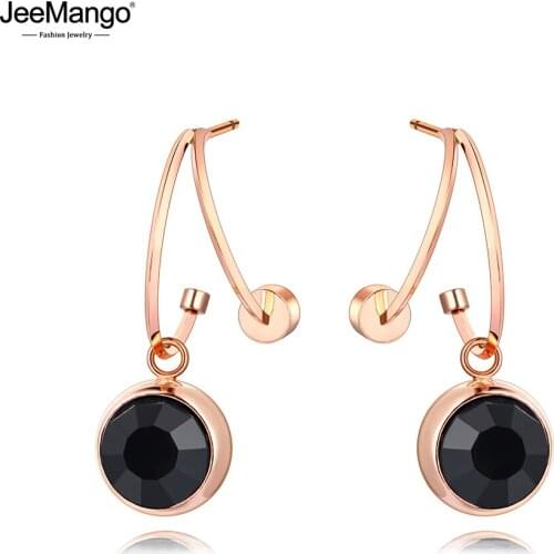 JeeMango Trendy Titanium Stainless Steel Double CZ Crystal Earrings Jewelry Semi-precious Stone Earrings For Women Girls JE20060