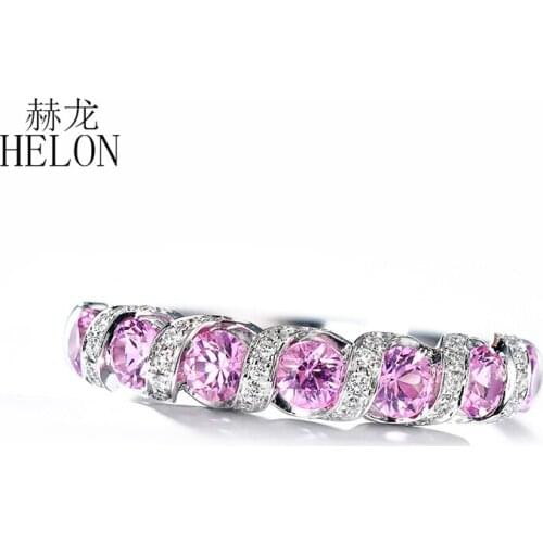 HELON Solid 14k White Gold Certified Round 0.85ct Natural Pink Sapphire & diamonds Engagement Ring Women Wedding Trendy Jewelry