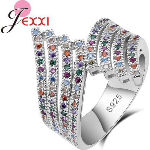 925 Sterling Silver Rings Multi-Colour Zircon Wedding Enagement Party Fanshaped Cute Style For Women Girl Gift Romantic