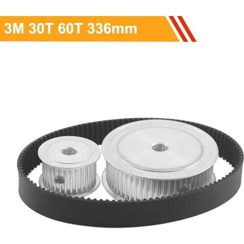 HTD3M Toothed Pulley Wheel Set 30T 60T Reduction 1:2 3M-336mm Rubber Gear Belt 100mm Center Distance Gear Belt Pulley Kit
