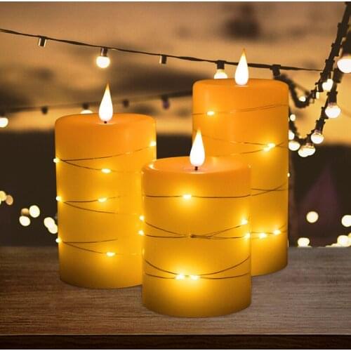 Set of 3 Flickering 3D teardrop Wick Battery operated Led Paraffin Pillar Candle w/String Xmas Wedding Bar Atmosphere Lighting