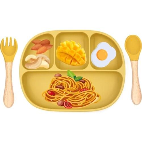 BPA Free Microwave Dishwasher Safe Divided Ovall-shaped Divided Silicone Suction Plate With Spoon And Fork Set