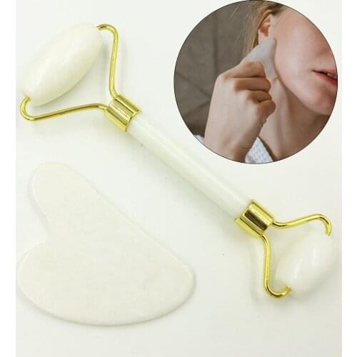 Jade Roller Massage Tool for Face Neck & Body Natural Jade Stone Skin Massager Roller with Scraping Plate for Anti Aging