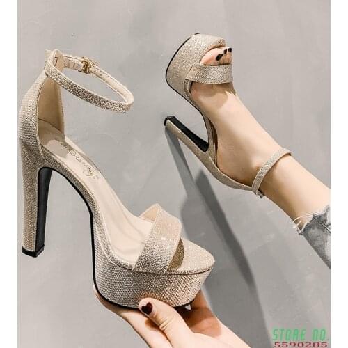 New Summer Women High Heels Wedding Party Sandals Open Toe Ankle Strap Chunky Heels Sequins Platform Sandals Diamond Shoes