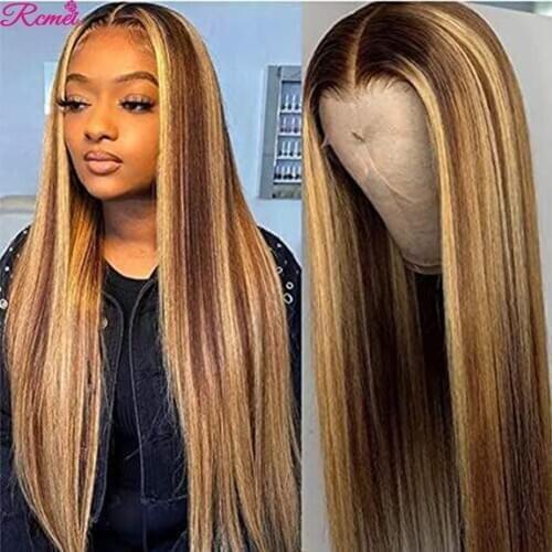 Long Straight Lace Front Human Hair Wigs Ombre 4/27 Blonde Highlights 150% Pre Plucked Baby 13*1 Lace Front Wig Remy Hair Wig