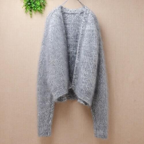 Heavy thick winter hairy fuzzy striped mink cashmmere long sleeved loose short cropped cardigans mantle angora fur jacket coat