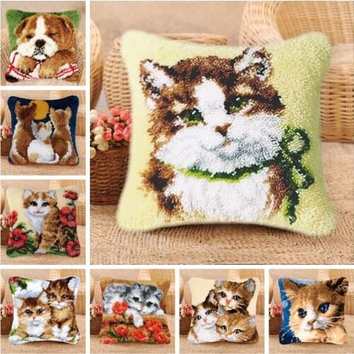 Knooppakket Smyrna Cat And Dog Klink Haak Kleed Bloemen Latch Hook Pillow Cross Stitch Pillows Embroidery Package Pillow Gift