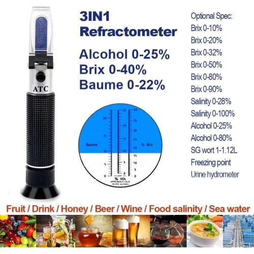 Handheld Alcohol Refractometer Sugar Wine Concentration Meter Densitometer 0-25% Alcohol Beer 0-40% Brix Grapes ATC