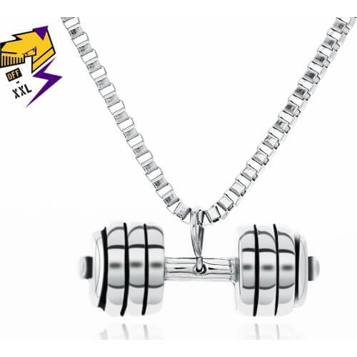 Street Fitness Sporty Dumbbell Pendant Necklaces 316L Stainless Steel Antique Silver Chains Necklaces for Men Gym Hiphop Jewelry