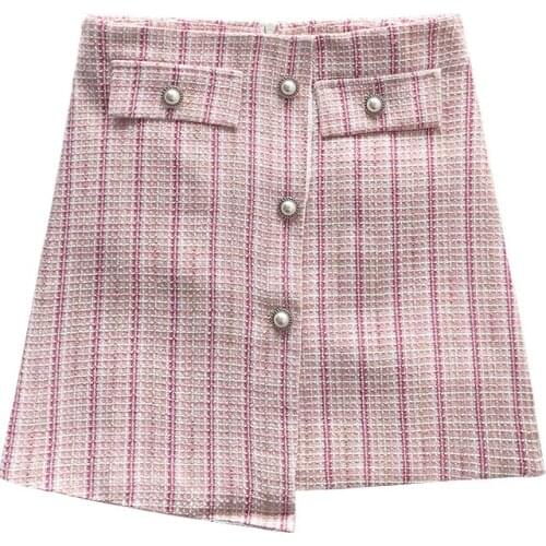 PERHAPS U Pencil Skirt Vintage Sexy Mini High Waist Short Chic Tweed Elegant Pearl Beading Winter S0098