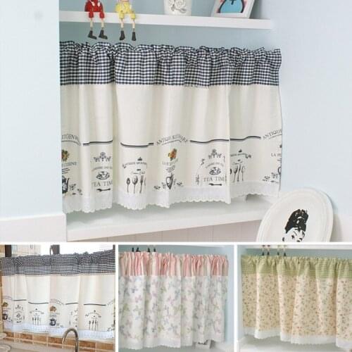 Bay Window Curtains Pastoral Style Half-Curtain Lace Hem Short Curtain Plaid Balcony Half-Curtain for Living Room Drapes