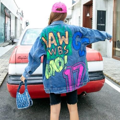 2021 Autumn Fashion New Women Denim Jacket Loose Large Size Letter Print Jacket Trend Graffiti Women Jacket Blue LL31