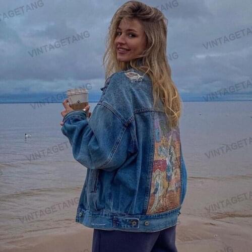 B-TOTO American Retro Blue Denim Ripped Holes Make Old Jacket Womens Trendy Ins Loose Jacket 2021 New Fashion