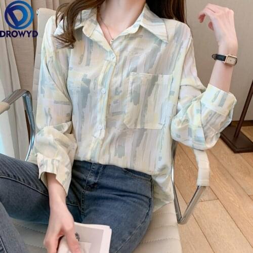 Long Sleeve Tutn-down Collar French Retro Print Geometric Patterns Button Loose Sweet Womens Clothing Korean Summer Tops Blouse