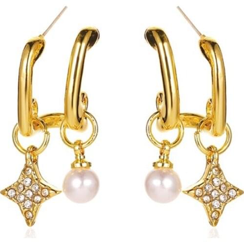 Women Earrings Gold Plated Pearl Star Cubic Zirconia Earrings Banquet Couple Wedding Earring Gift for Girlfriend Fashion Jewelry
