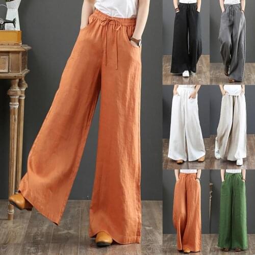 Women Vintage Causals Cotton Linen High Waist Pants Mopping Straight Trousers