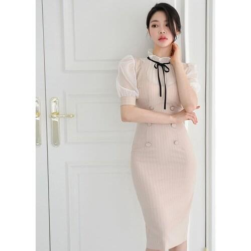 Womens Elegant Slim Breasted Slim Striped Patchwork Sheath Dress Summer 2021 New Office Lady Short Sleeve Puff Bodycon Dress