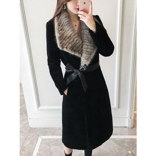 Fur Real 2020 Coat Female Sheep Shearling Jacket Winter Coat Women Mink Fur Collar 100% Wool Coats Long Jackets MY4595 s s