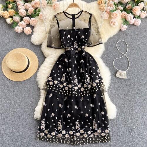 Summer Runway Flower Dress Women See Through Lace Mesh Butterfly Sleeve Vintage Tulle Floral Embroidery Wedding Party Vestidos