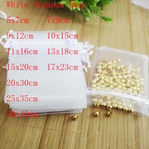 100 pcs/Lot 5x7 7x9 9x12 10x15 White Organza Bags Jewelry Gift Bags Drawstrings Bags Gift Package Bags Yarn Pouch