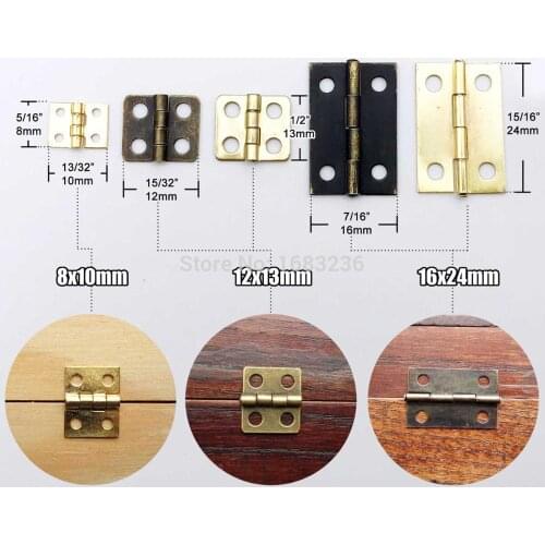 24X Small Mini Antique Brass Golden Jewelry Chest Gift Wine Wood Music Box Case Hinge Dollhouse Door + Screw 8x10 12x13 16x24mm