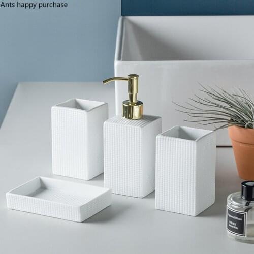 White Square Ceramics Bathroom 4-piece Set Toiletries Wash Set Bathroom Decoration Accessories Mouth Cup Lotion Bottle Soap Dish