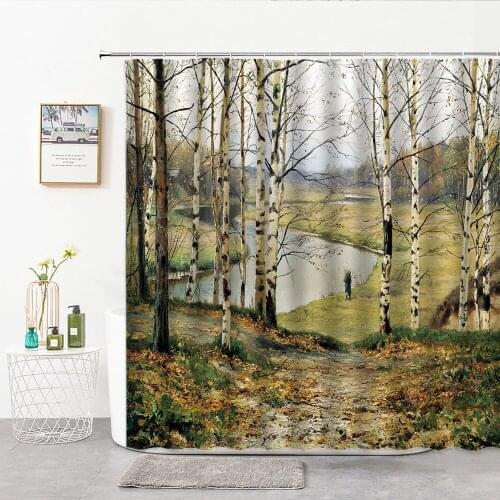 Birch Forest Landscape Oil Painting Shower Curtains Fabric Plant river Natural Scenery Bathroom Curtain Home Decor Background