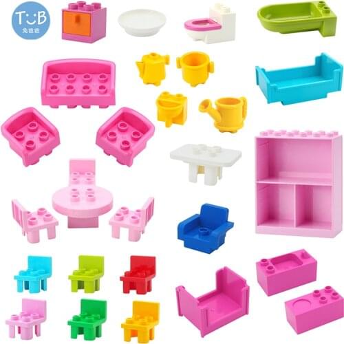Big Building Blocks Furniture Bathroom Kitchen Accessories Sofa Table Chair Cabinet Compatible With Duploes Brick Toy For Gift