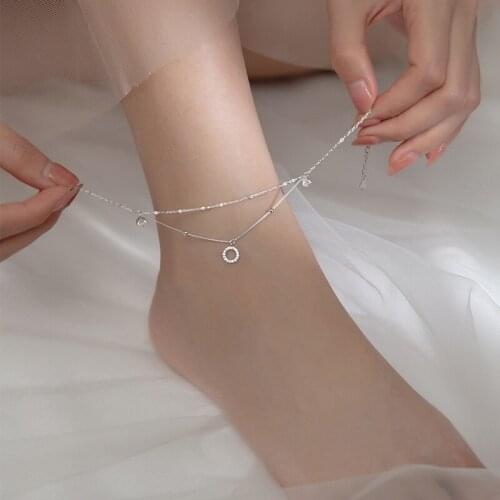 Real 925 Sterling Silver Fine Zircon Circle Drop Anklets Summer Double Layered Chain Ankle Bracelets Foot Chains for Women